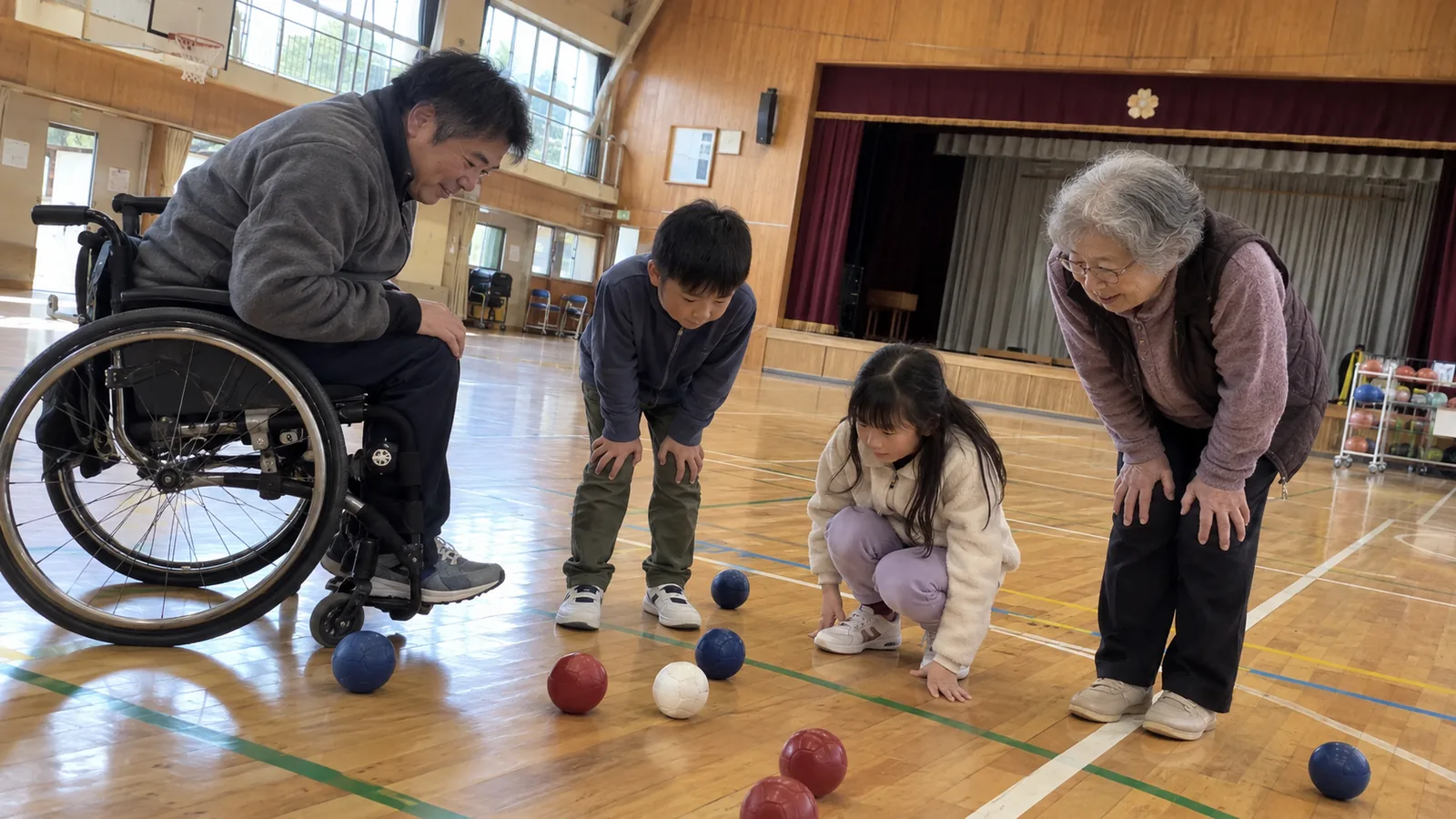 体育館で、車いすの方・子ども・シニアが一緒にボッチャをする様子(イメージ)